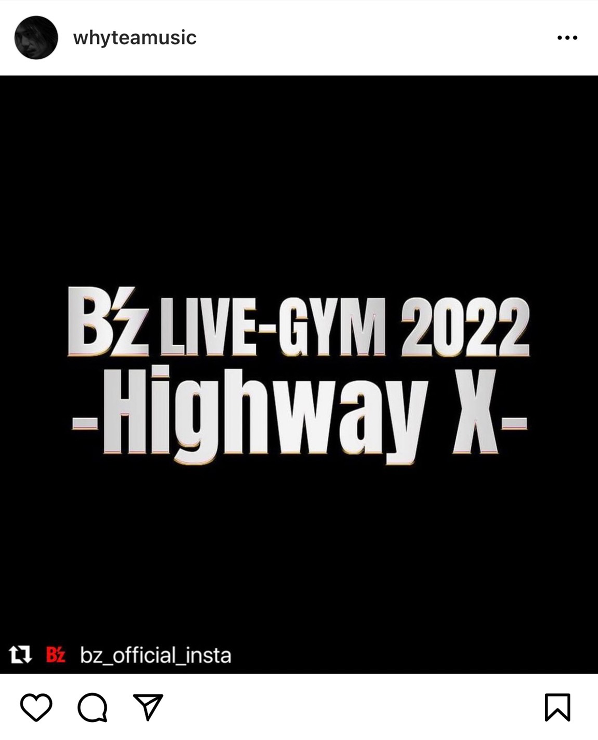 Yukihide "YT" Takiyamaが『B'z LIVE-GYM 2022 -Highway X-』に参加することを報告するInstagramのリポスト画像