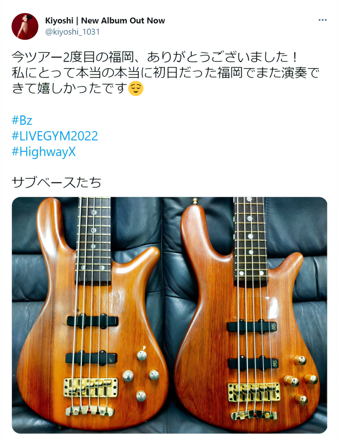 清がTwitterで公開した『B'z LIVE-GYM 2022 -Highway X-』で使用しているベースの写真