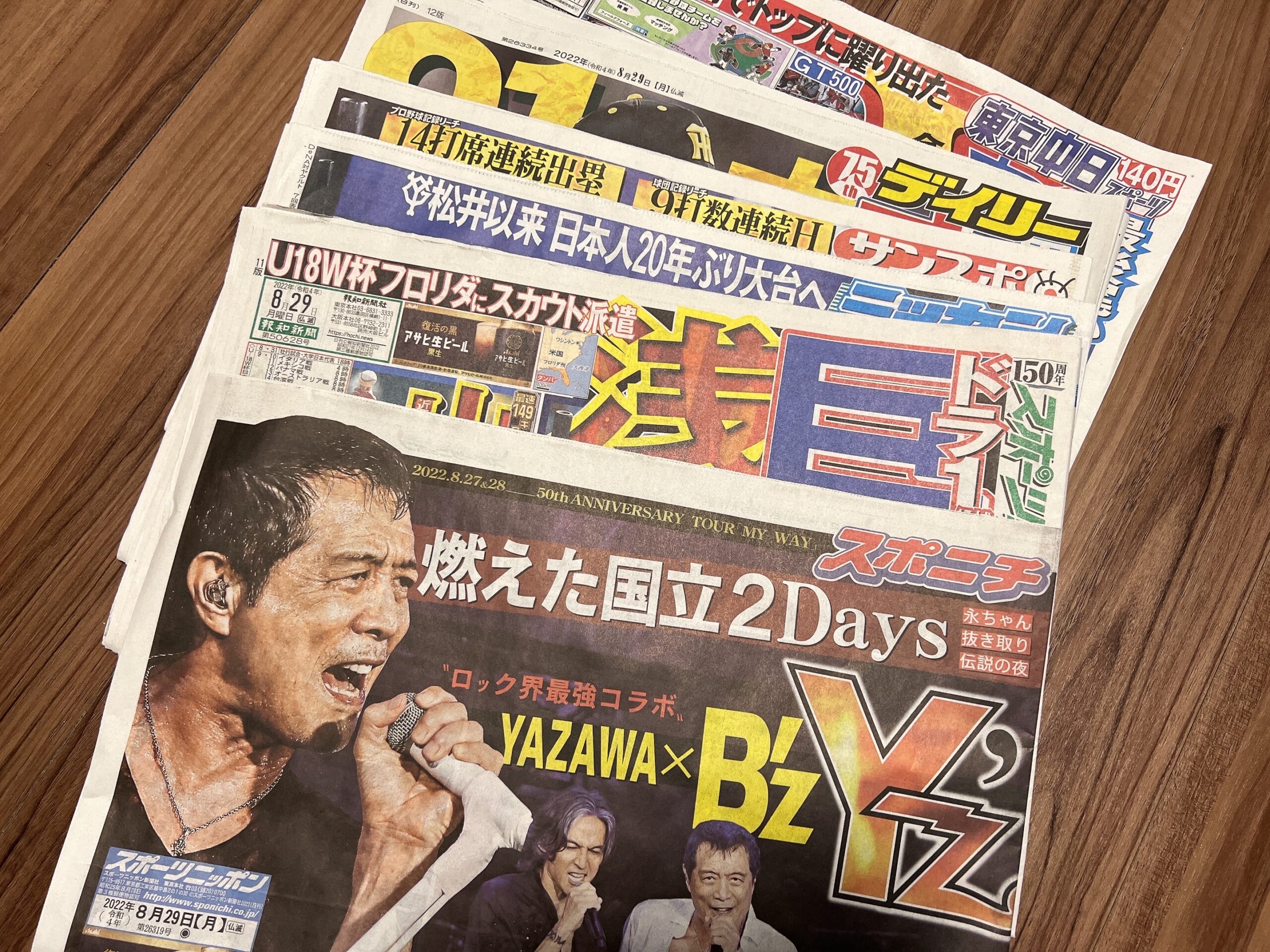 矢沢とB'zのコラボを伝える各スポーツ紙の写真