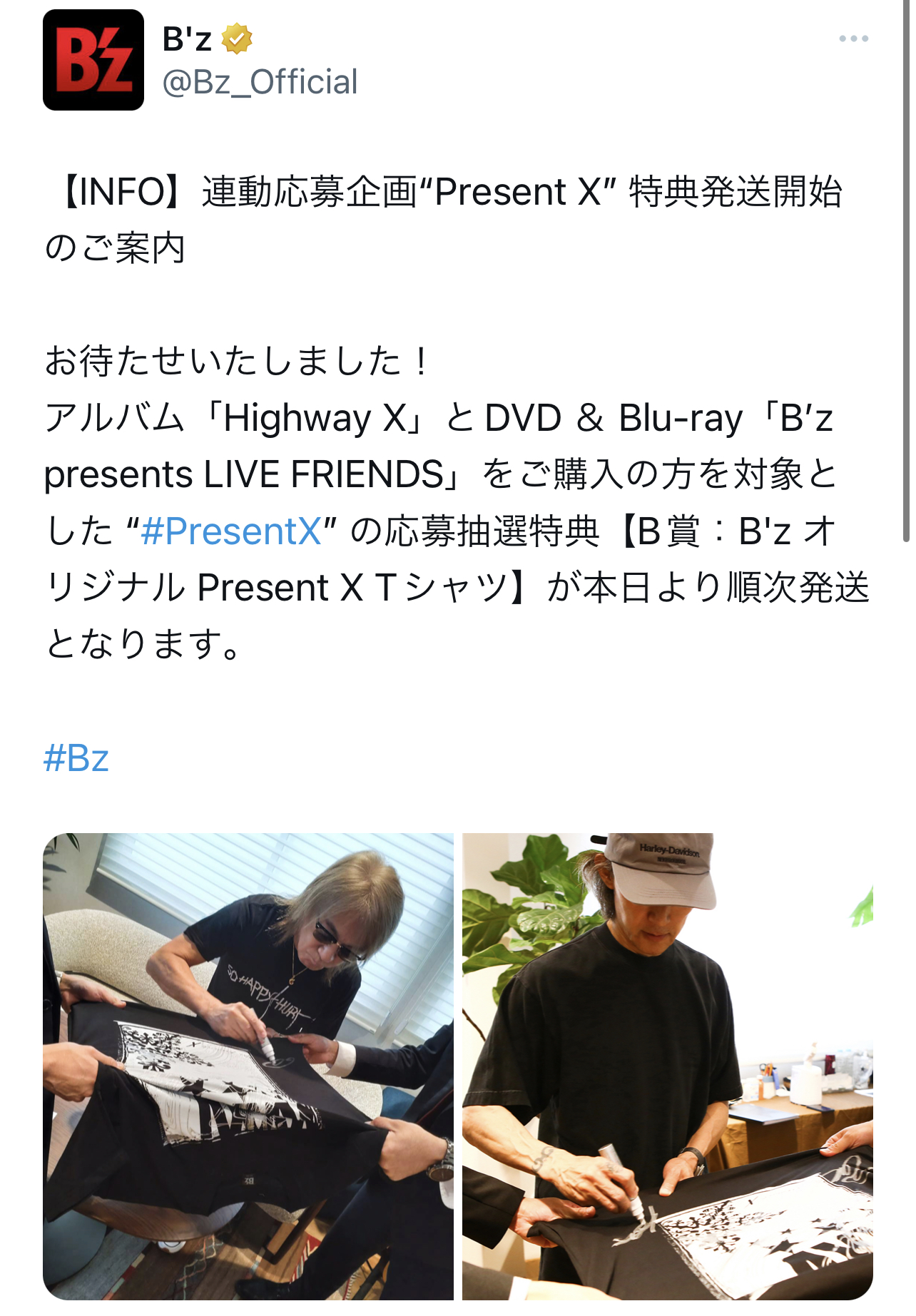 B'z「Present X」Tシャツにサインを書き入れる松本孝弘と稲葉浩志の様子