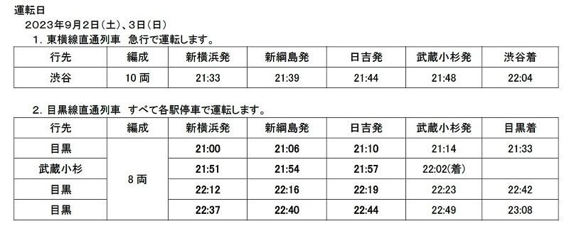 東急電鉄が『B'z LIVE-GYM Pleasure 2023 -STARS-』日産スタジアム公演に合わせて運行する臨時列車の表
