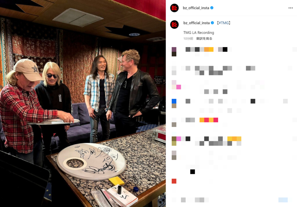 B'z公式Instagramで公開された、TMGが米・ロサンゼルスにてレコーディングしている様子