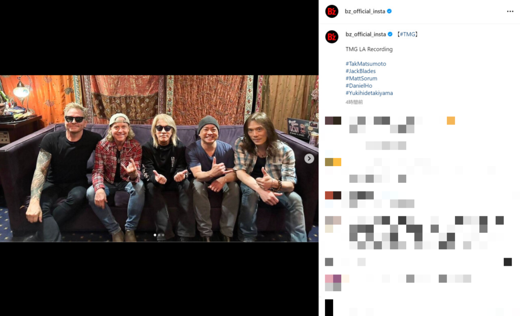 TMGのレコーディングでマット・ソーラム（Matt Sorum）、ジャック・ブレイズ（Jack Blades）、松本孝弘、ダニエル・ホー（Daniel Ho）、Yukihide "YT" Takiyamaらが集合した写真